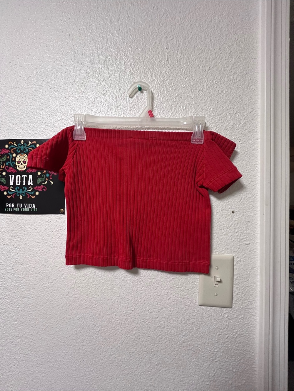 RSQ Red Ribbed Off-Shoulder Crop Top